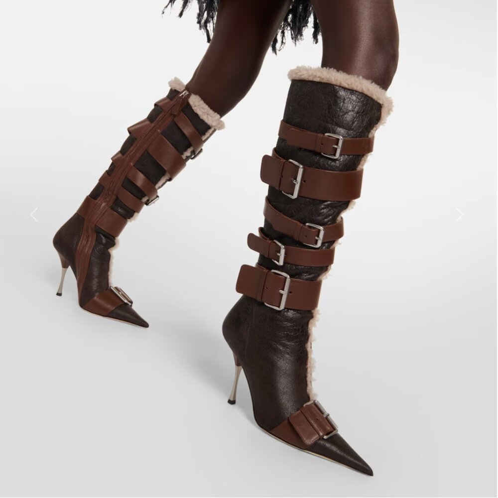 BLUEMARINE knee high fur and leather strap boots